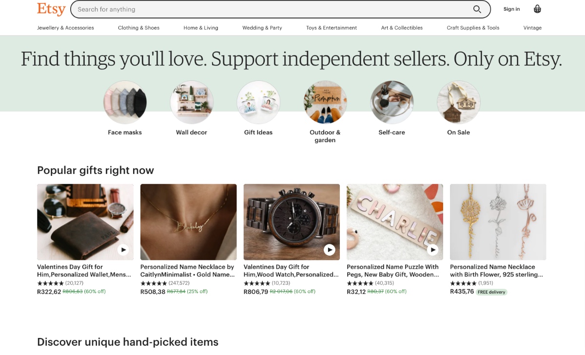 Etsy landing page