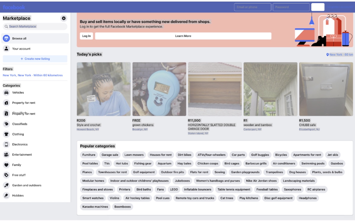 Facebook Marketplace landing page