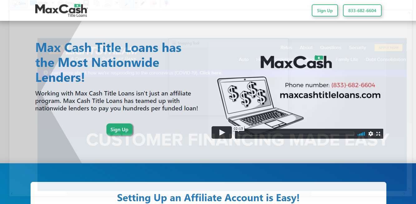 Maxcash loan affiliate program screenshot