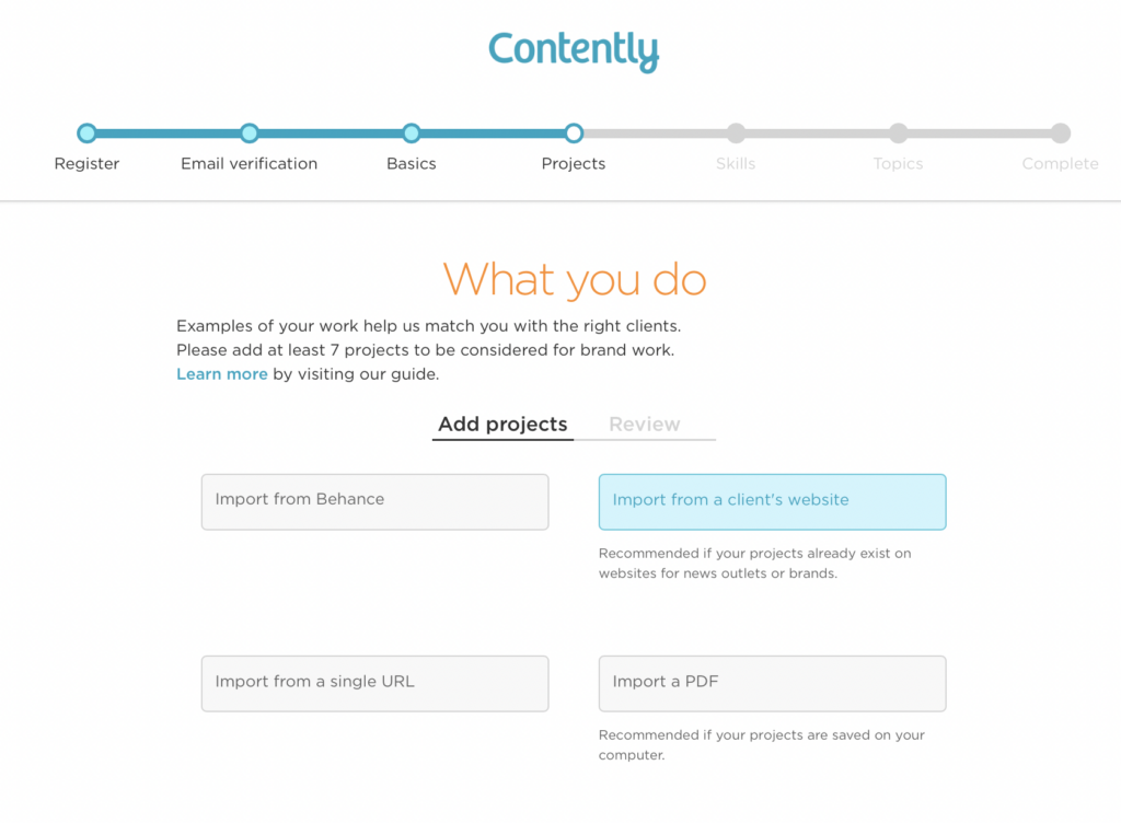 Contently content marketing full review - freelancer signup form screenshot on the intuitive platform 