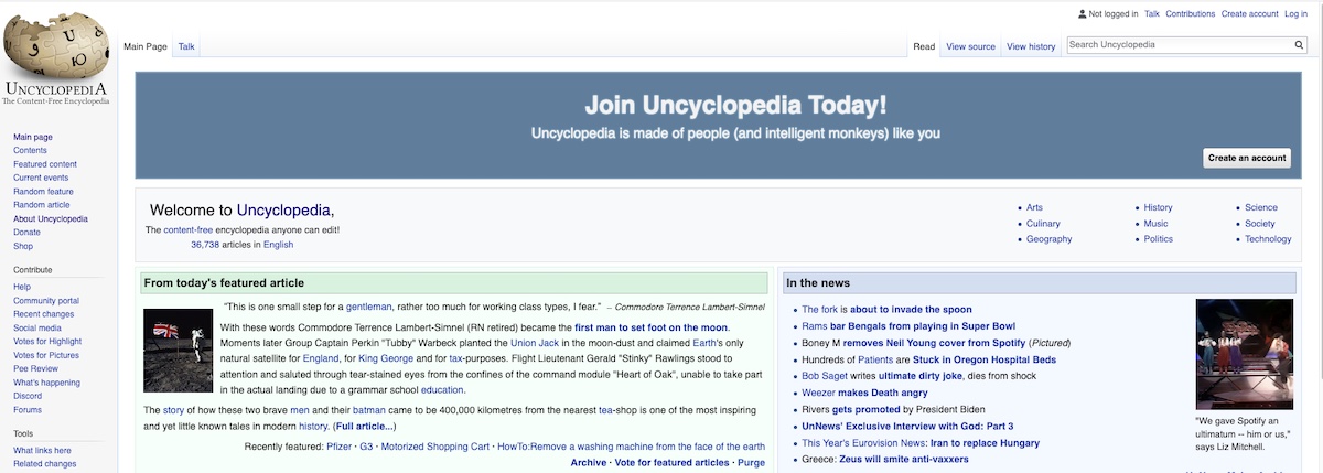 Uncyclopedia Landing page