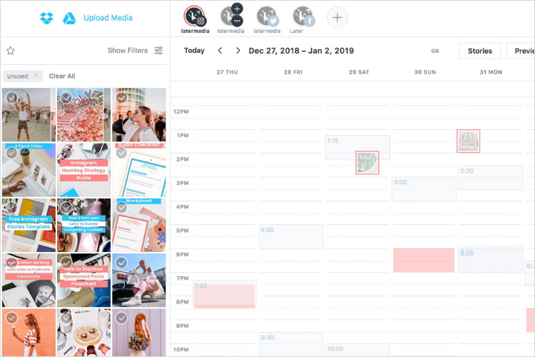 Create a content calendar and keep track of your schedule with Later. 