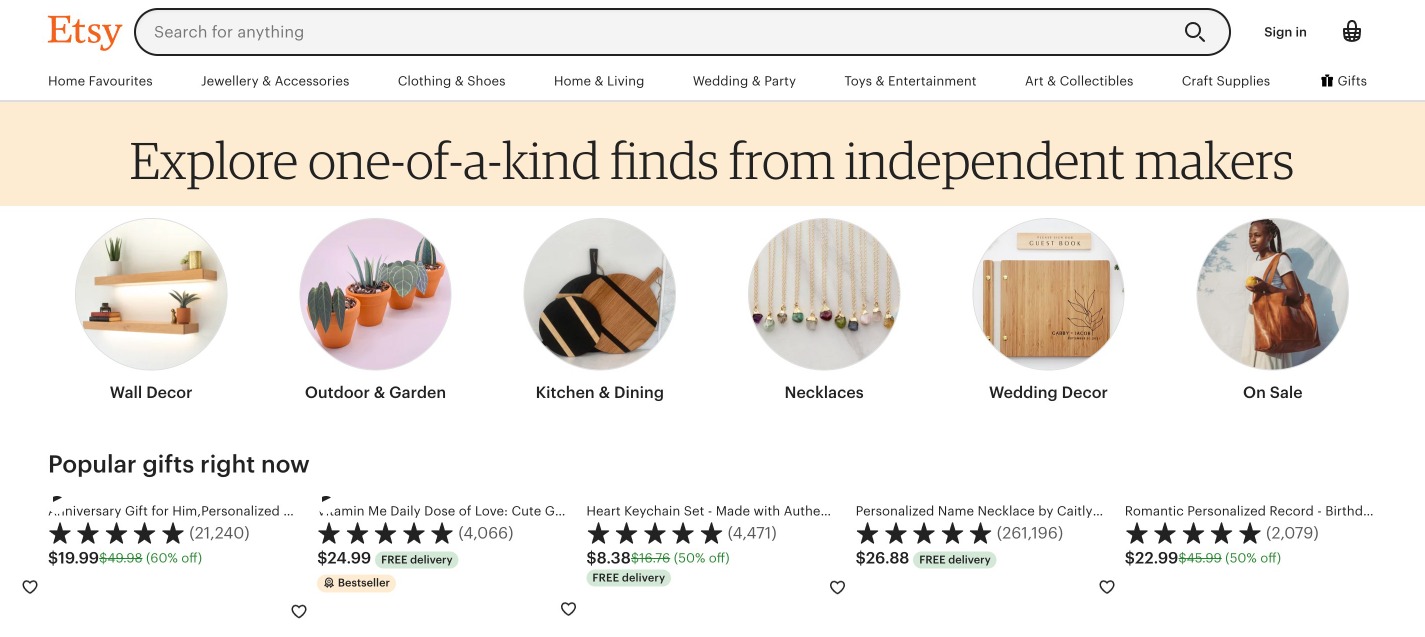 Screenshot of Etsy Homepage