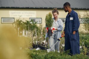 Man and woman working a community garden.