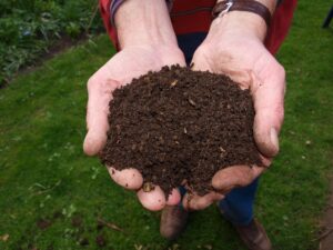 Person holding compost in their hands.