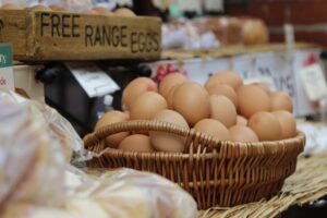 Free range eggs in a basket. 