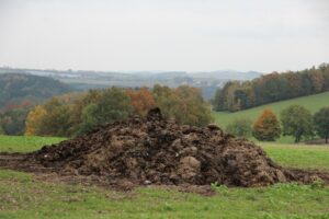 Manure in a pile on farm land.