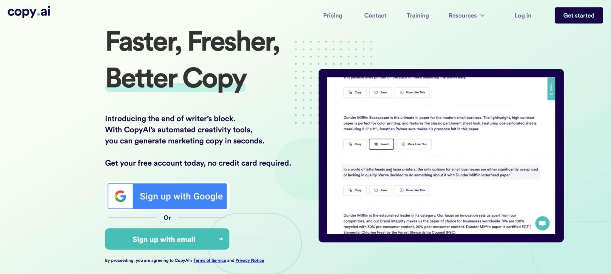 Copy AI Content writing tool homepage