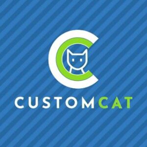 CustomCat logo against a blue striped background.