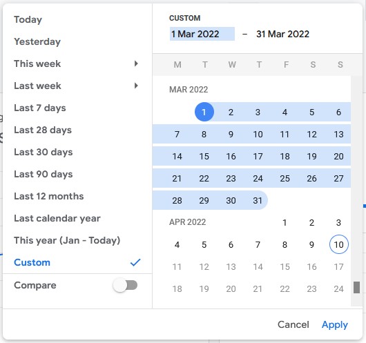 reports date selection