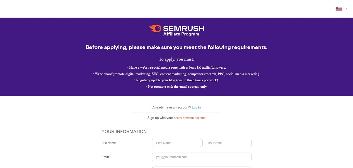 Semrush affiliate program application page