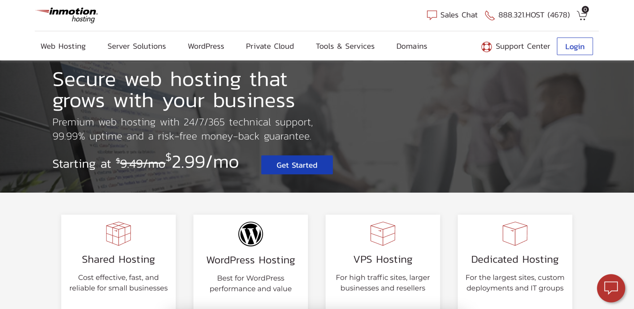 Screenshot of the In Motion hosting homepage.