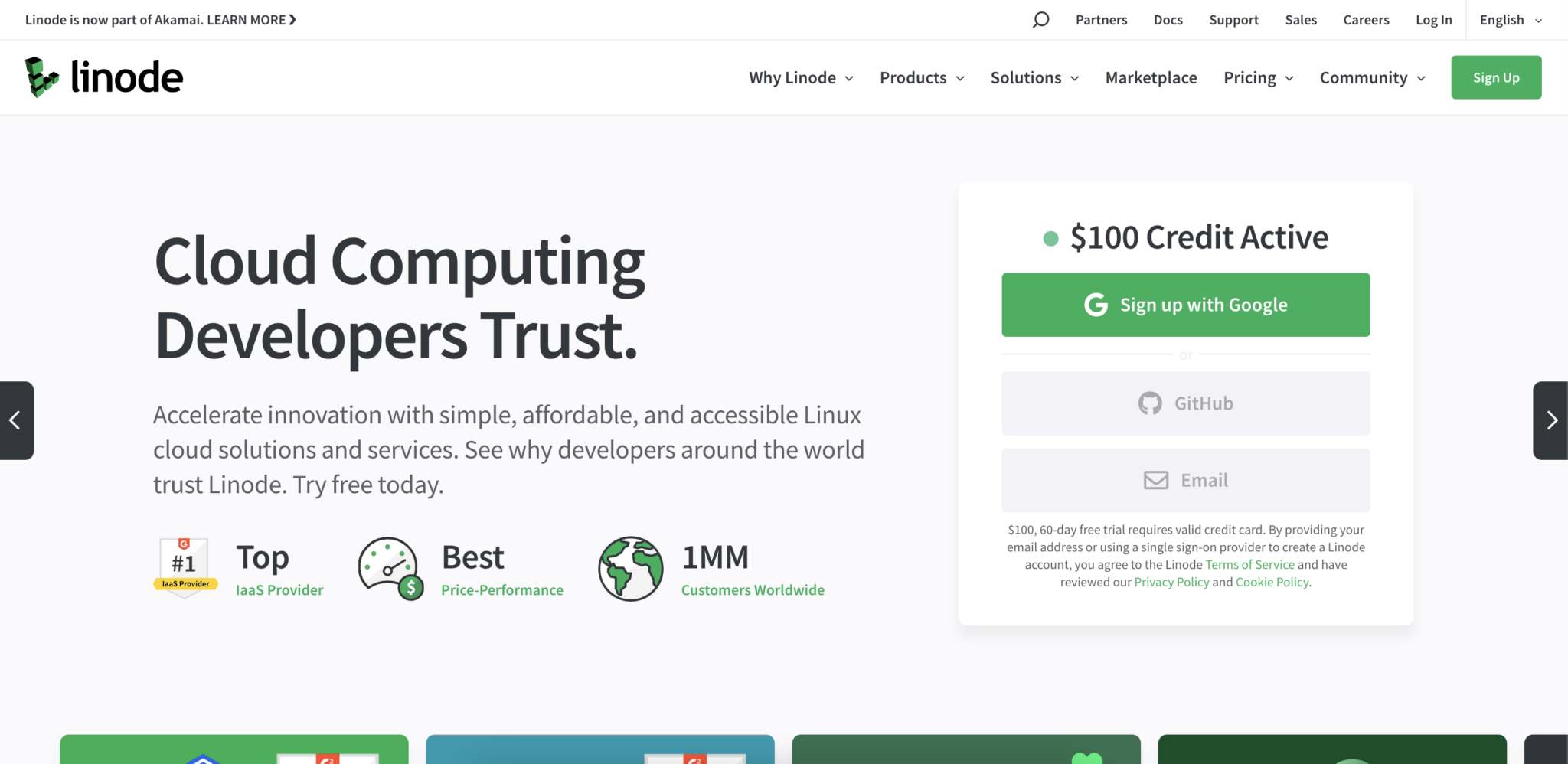 Screenshot of the Linode homepage.