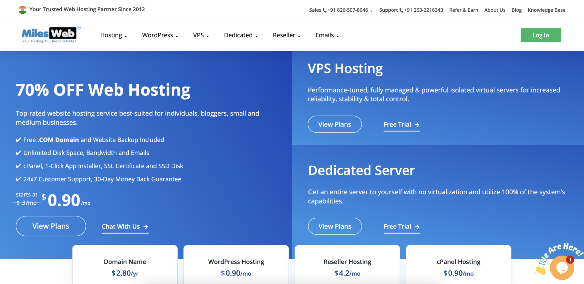 Screenshot of the Milesweb Hosting platform homepage.