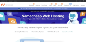 Screenshot of the NameCheap homepage.