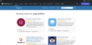 Screenshot of the WordPress plugins repository search page for page builders.