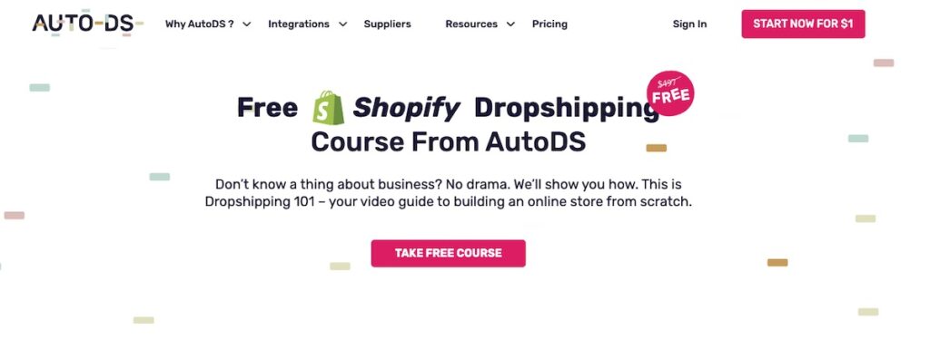AutoDS Shopify Dropshipping 101 landing page