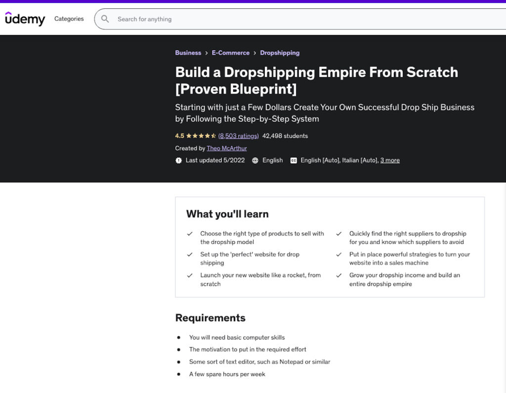 Build a Dropshipping Empire from Scratch landing page