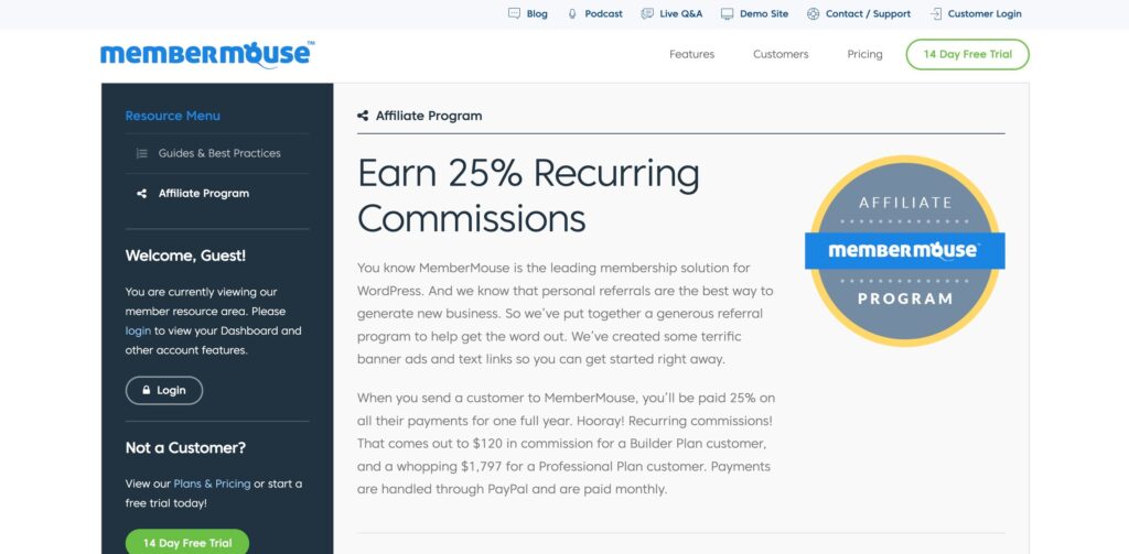 Screenshot of Affiliate Program MemberMouse 1