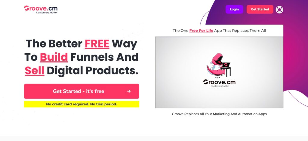 Clickfunnels vs Groovefunnels: Groove.cm homepage screenshot. Test reads 'The Better FREE way to build funnels and sell digital products'.