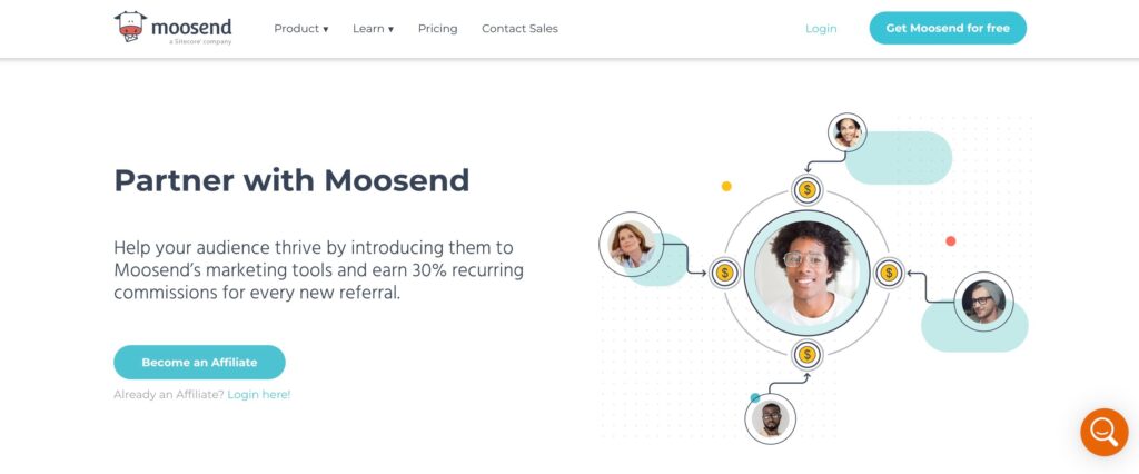 Screenshot of Moosend's affiliate page
