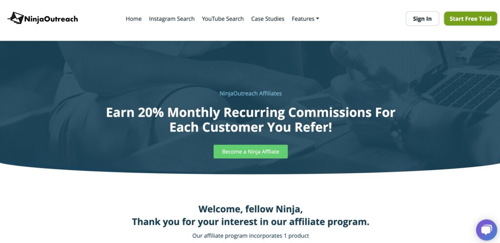 Ninja outreach recurring affiliate program page screenshot