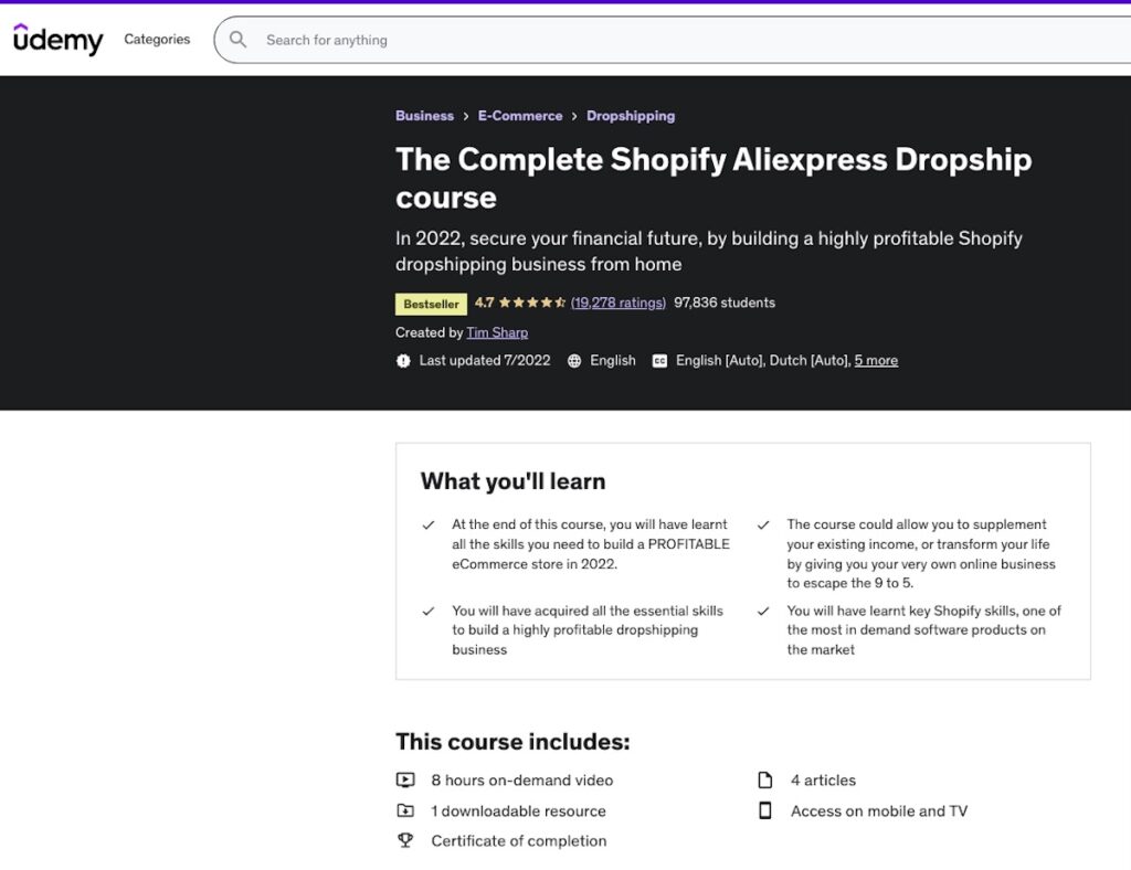 The Complete Shopify Aliexpress Dropship Course landing page