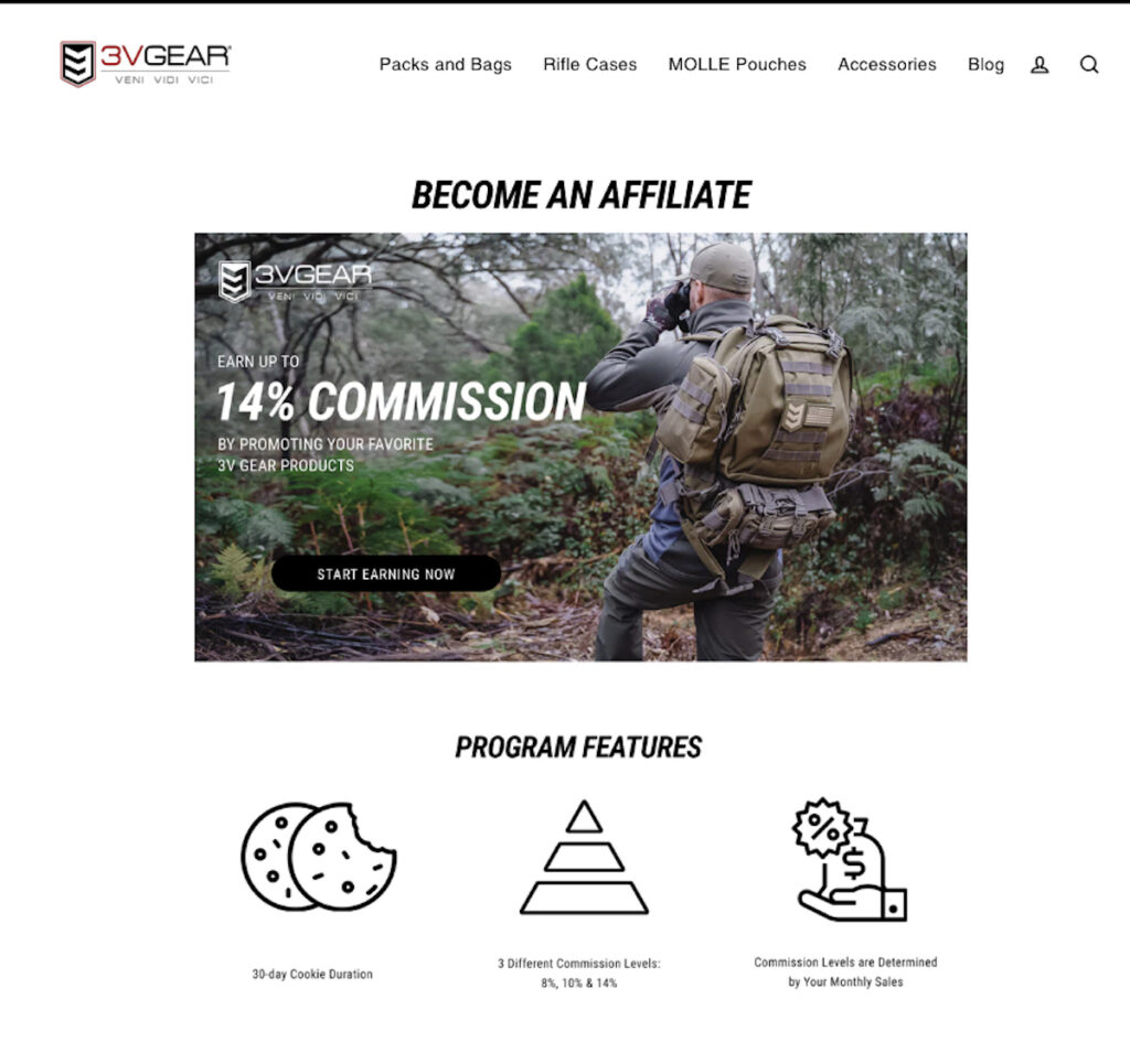 21 Great Survival Affiliate Programs That Pay Out Big Commissions 3V Gear Affiliate page