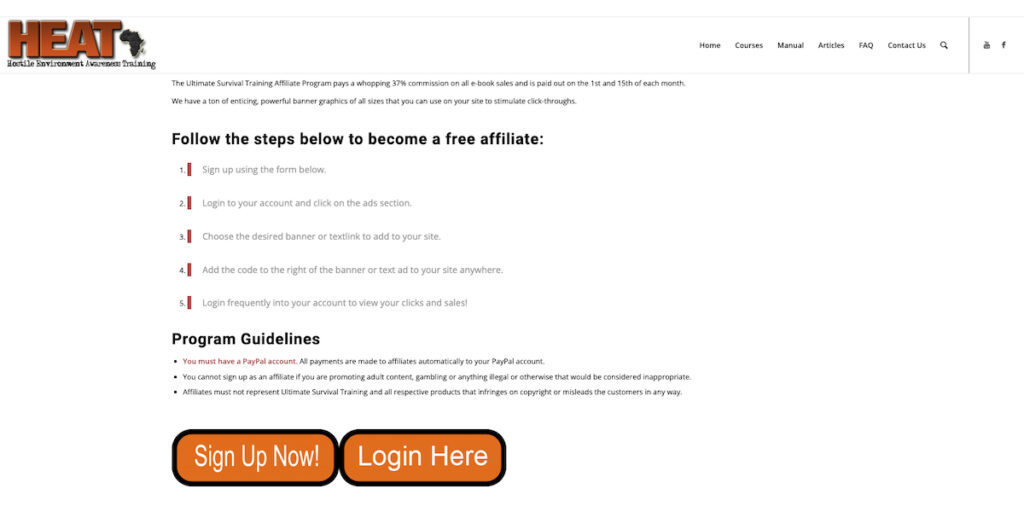 21 Great Survival Affiliate Programs That Pay Out Big Commissions HEAT Affiliate program page