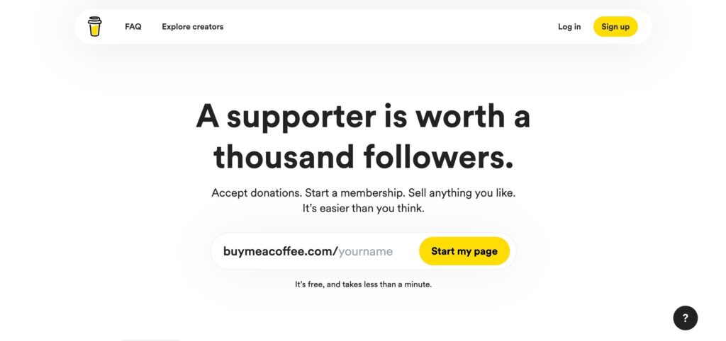 Screenshot of Buy Me a Coffee's homepage:  One of the best free Patreon Alternatives