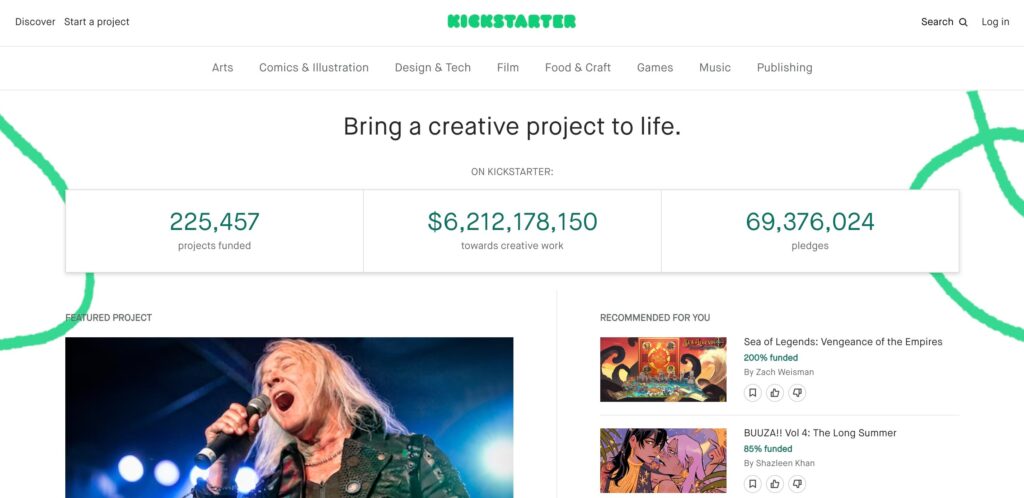 Screenshot of Kickstarter:  one of the best Patreon Alternatives