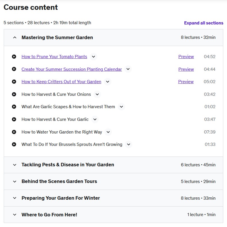 udemy table of contents