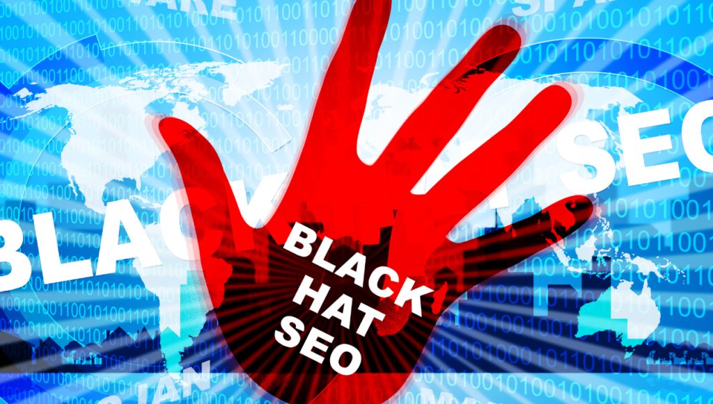 types of seo - a red handprint with the words black hat seo written on the palm