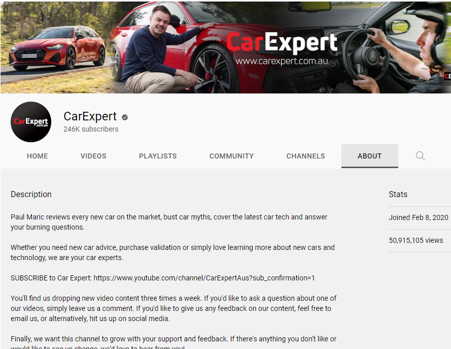 Car Expert Youtube Page Overview