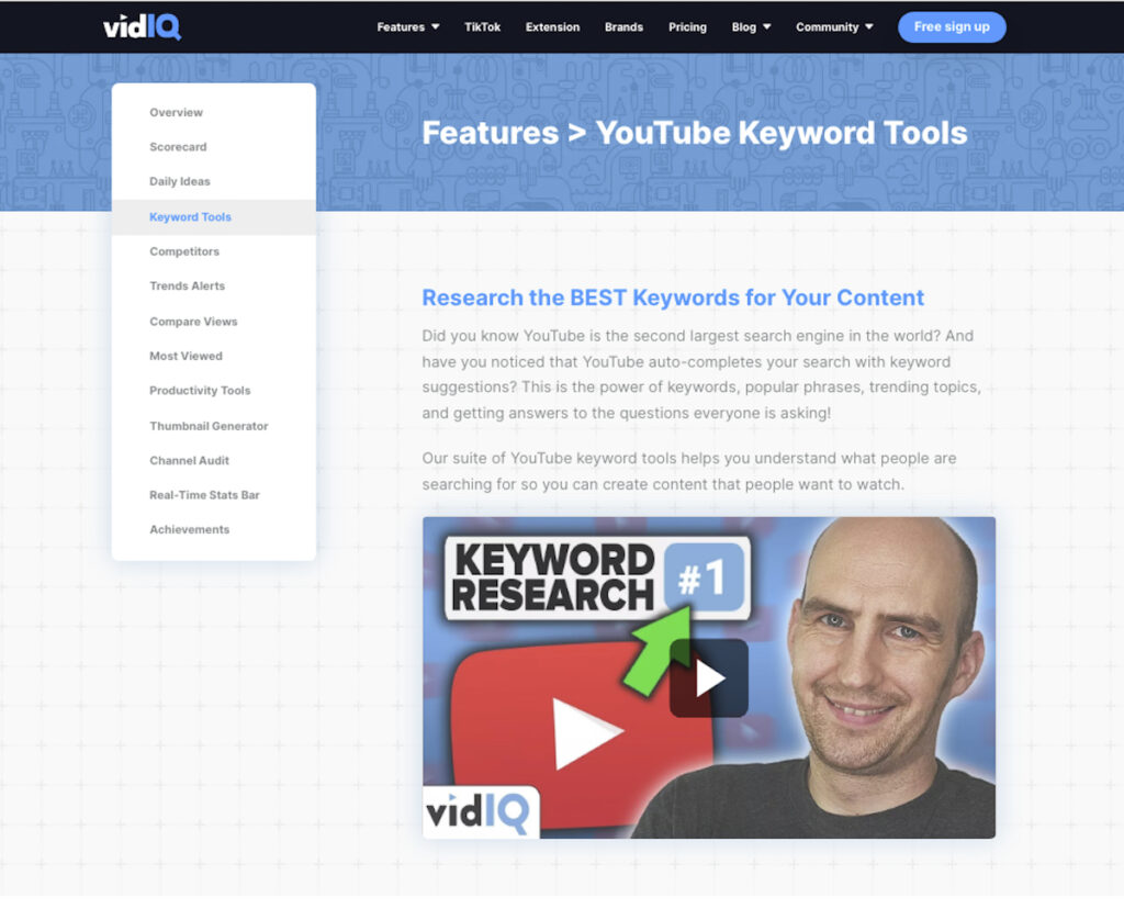VidIQ Keyword tools page