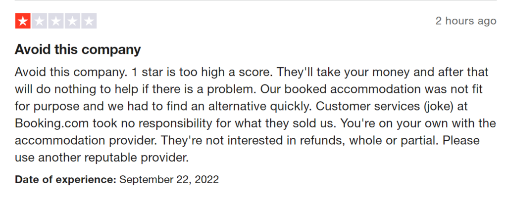 is booking.com legit- bad review screenshot