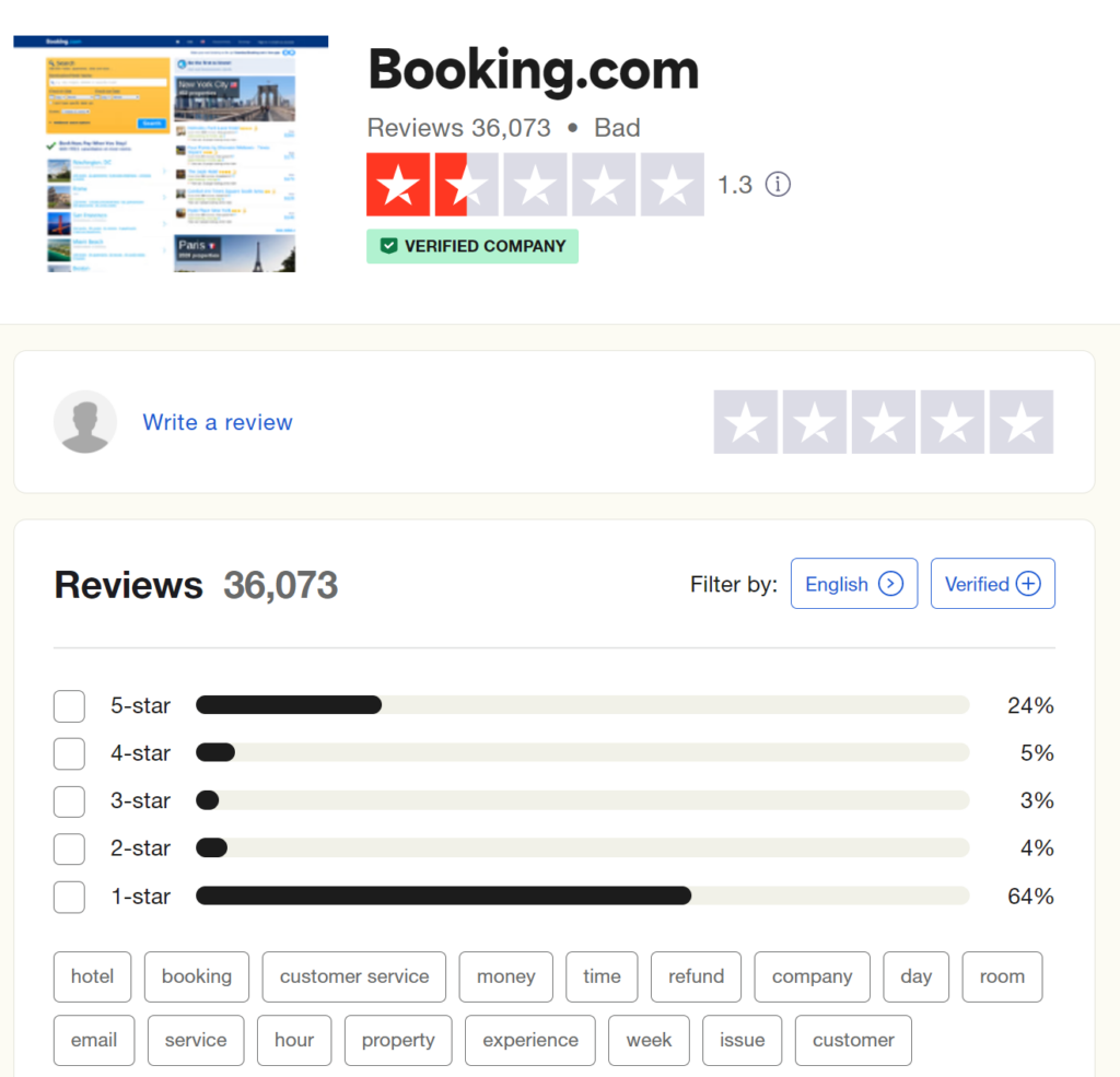 is booking.com legit - trustpilot score screenshot