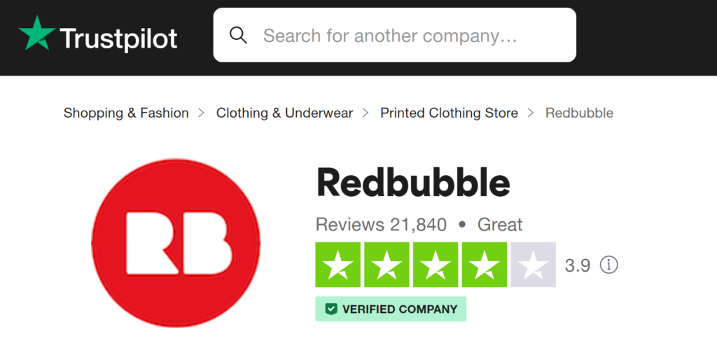 is redbubble legit - trustpilot summary screenshot, showing 3.9 star rating from positive reviews