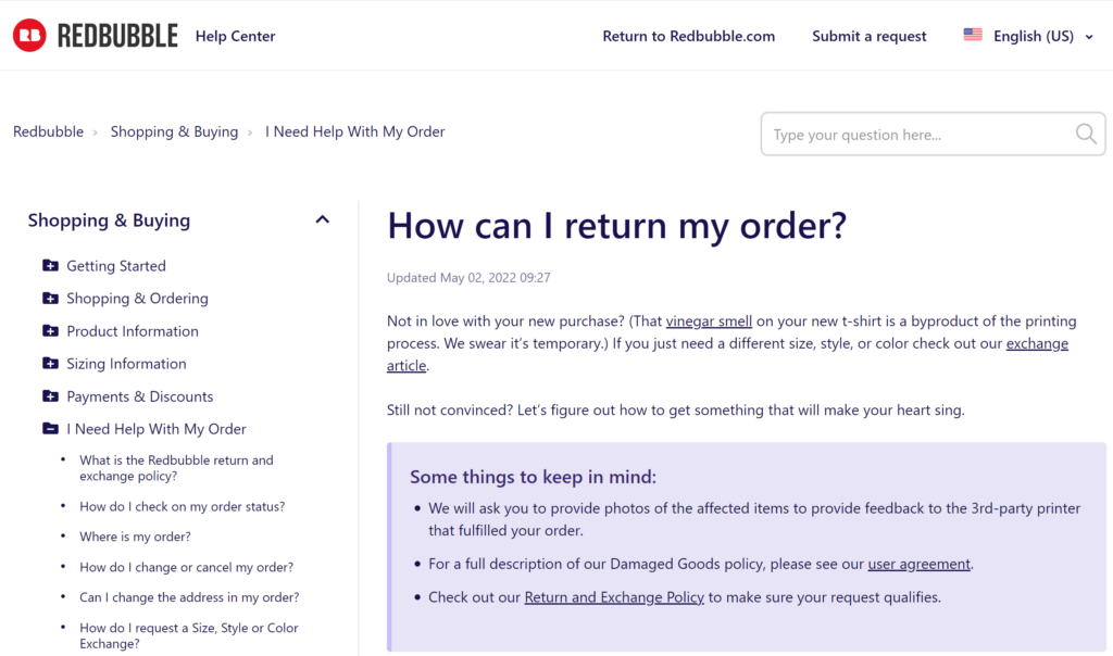 is redbubble legit? screenshot of returns info page