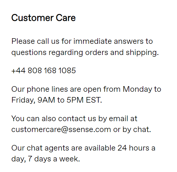 is ssense legit - customer service contact info screenshot