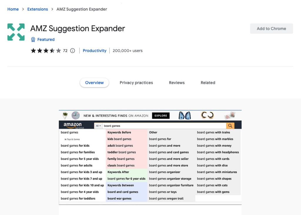amz suggestion expander search bar screenshot for related keywords 