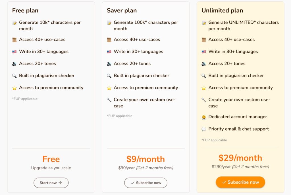 Rytr's pricing options page