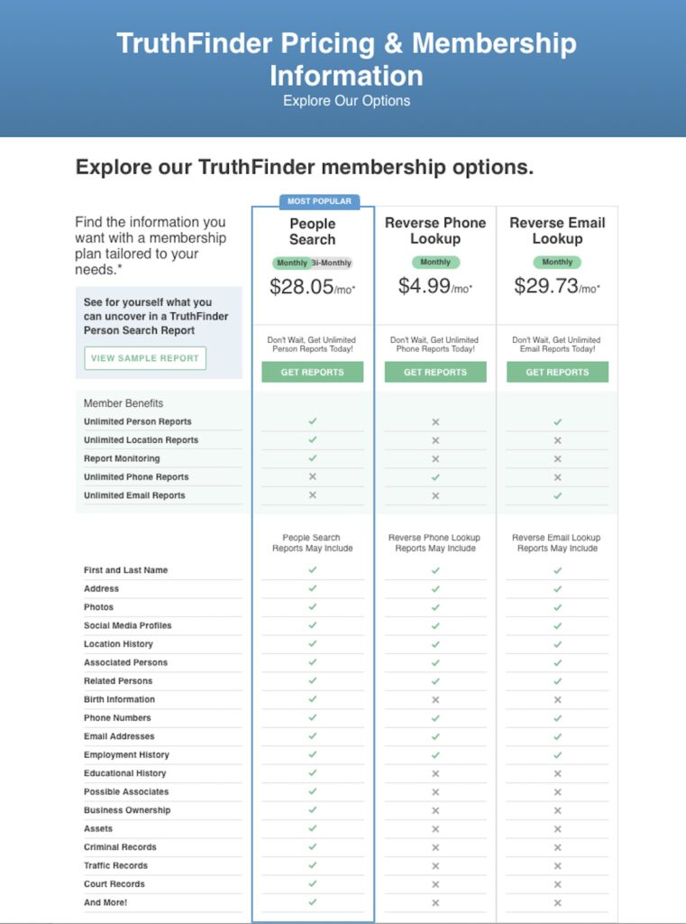 TruthFinder Pricing