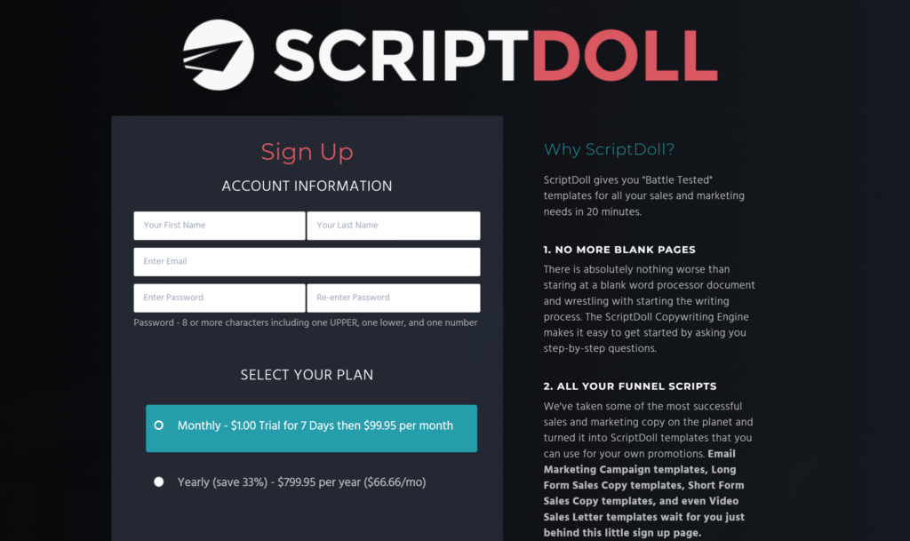 Scriptdoll signup page
