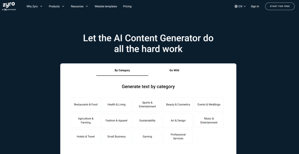 Zyro Content Generator homepage