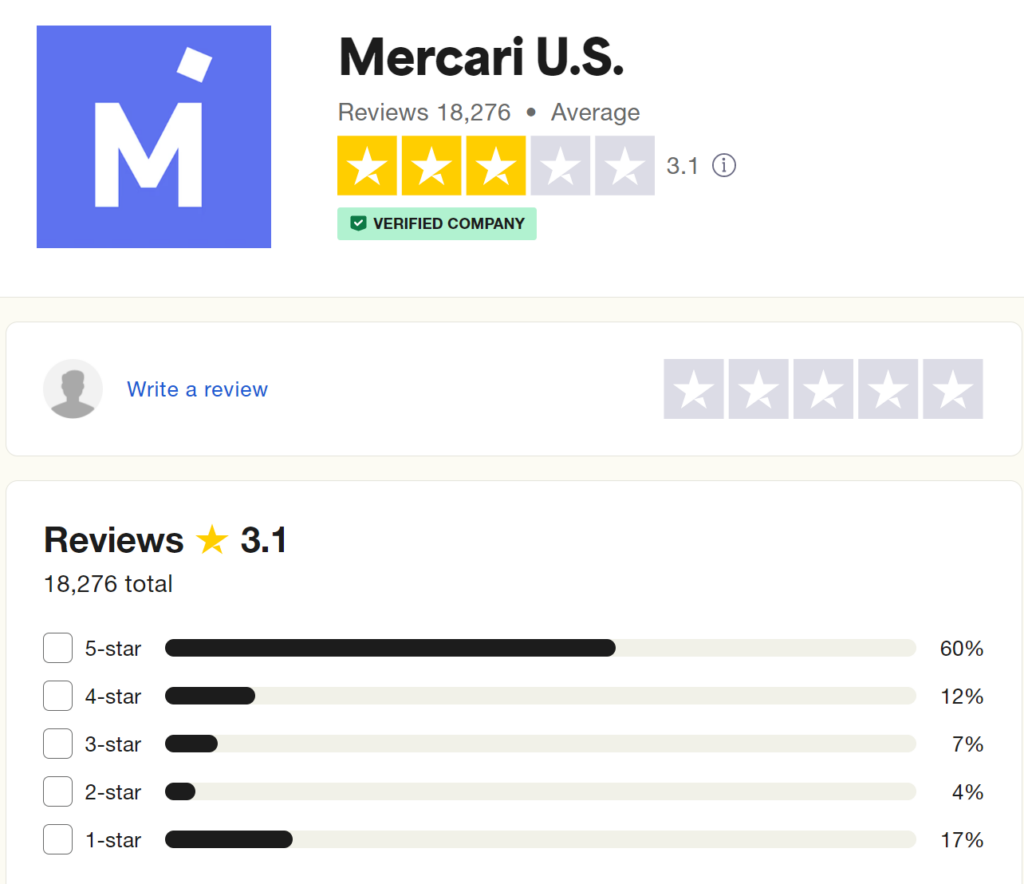 mercari trustpilot customer score rating screenshot
