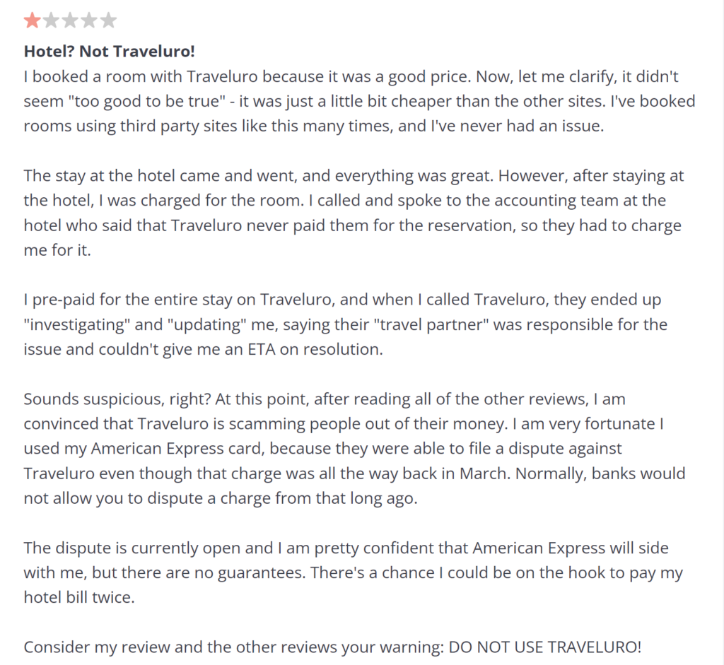 traveluro reviews aren't great - a screenshot of a one star review