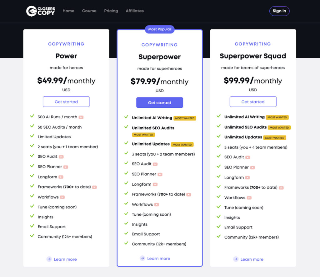 ClosersCopy Pricing