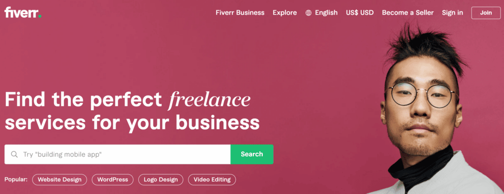 freelance Writing Apps - fiverr homescreen screenshot
