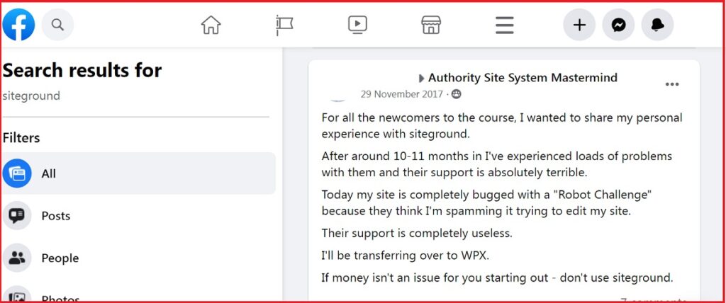siteground support issue on Facebook